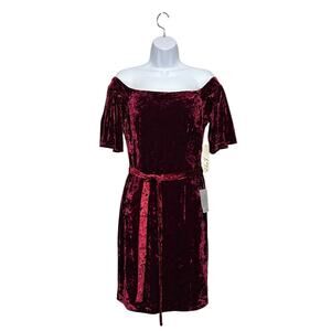 Eliza J Crushed Velvet Off The Shoulder Dress NWT Sz 6 Burgundy Belt Glam Party